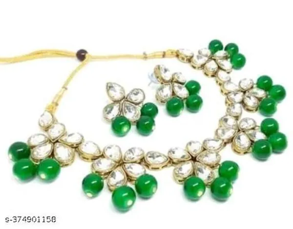 White_And_Green_Alloy_&_Kundan_Fancy_Design_Choker_With_Earrings_For_Women