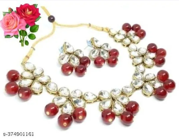 Maroon_And_Dark_Red_Alloy_&_Kundan_Fancy_Design_Choker_With_Earrings_For_Women