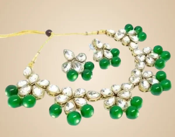 White_And_Green_Alloy_&_Kundan_Fancy_Design_Choker_With_Earrings_For_Women