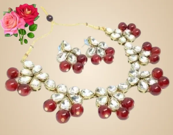 Maroon_And_Dark_Red_Alloy_&_Kundan_Fancy_Design_Choker_With_Earrings_For_Women