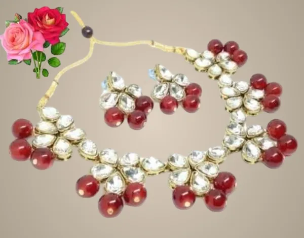 Maroon_And_Dark_Red_Alloy_&_Kundan_Fancy_Design_Choker_With_Earrings_For_Women