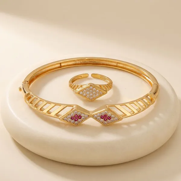 Golden_Geometric_Bangle_And_Ring_Set_With_Ruby_And_Cubic_Zirconia_Stones