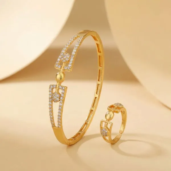 Gold_Plated_Rectangular_Crystal_Embellished_Bracelet_And_Ring_Set