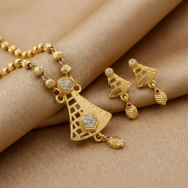 Golden_Beaded_Necklace_Set_With_Triangle_Pendant_And_Matching_Earrings