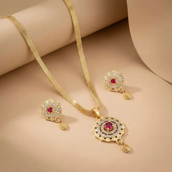Gold_Toned_Floral_Pendant_Necklace_Set_With_Matching_Earrings