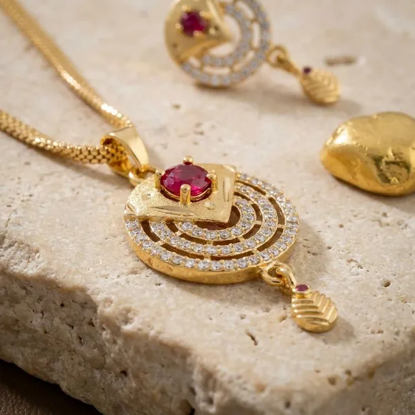 Gold_Toned_Cz_Stone_Studded_Pendant_Necklace_Set_With_Earrings