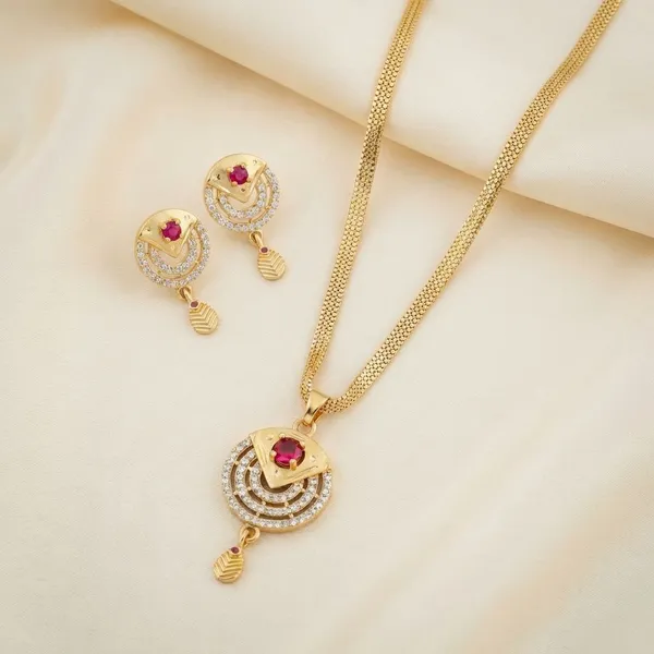 Gold_Toned_Cz_Stone_Studded_Pendant_Necklace_Set_With_Earrings