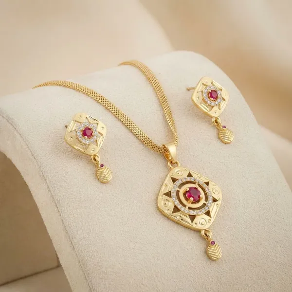 Golden_Floral_Pendant_Necklace_Set_With_Ruby_Stone