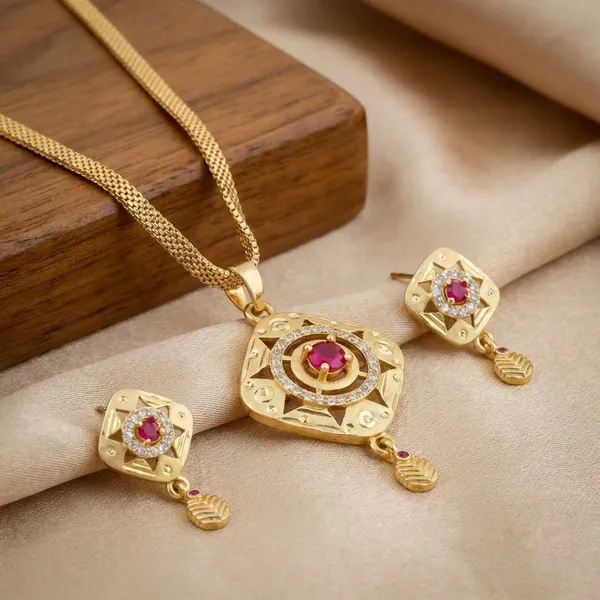 Golden_Floral_Pendant_Necklace_Set_With_Ruby_Stone