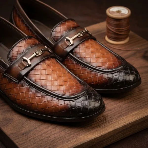 Brown_Woven_Leather_Loafers_With_Buckle_Detail_Shoes_For_Men