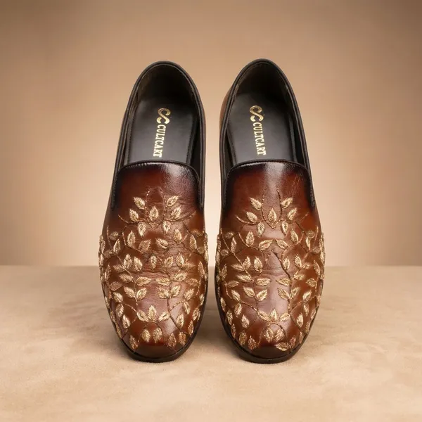 Brown_Leather_Ethnic_Slip_On_With_Golden_Embroidery_Shoes_For_Men