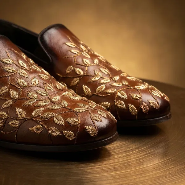Brown_Leather_Ethnic_Slip_On_With_Golden_Embroidery_Shoes_For_Men