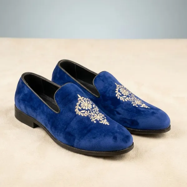 Blue_Royal_Blue_Embroidered_Loafers_With_Gold_Motif_For_Men