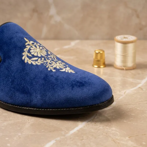 Blue_Royal_Blue_Embroidered_Loafers_With_Gold_Motif_For_Men
