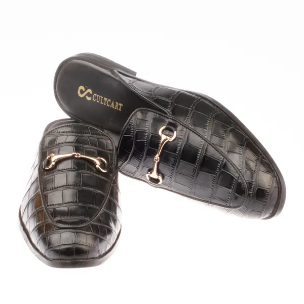 Black_Croc_Textured_Mule_With_Gold_Hardware_Shoes_For_Men