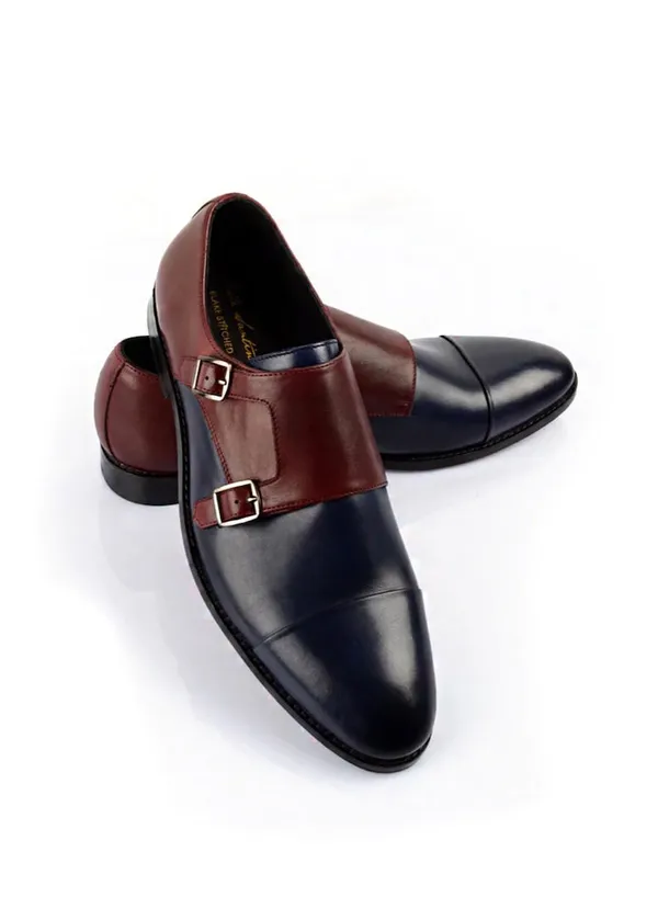 Stylish_Double_Buckle_Monk_Shoes_For_Men_In_Blue_&_Tan