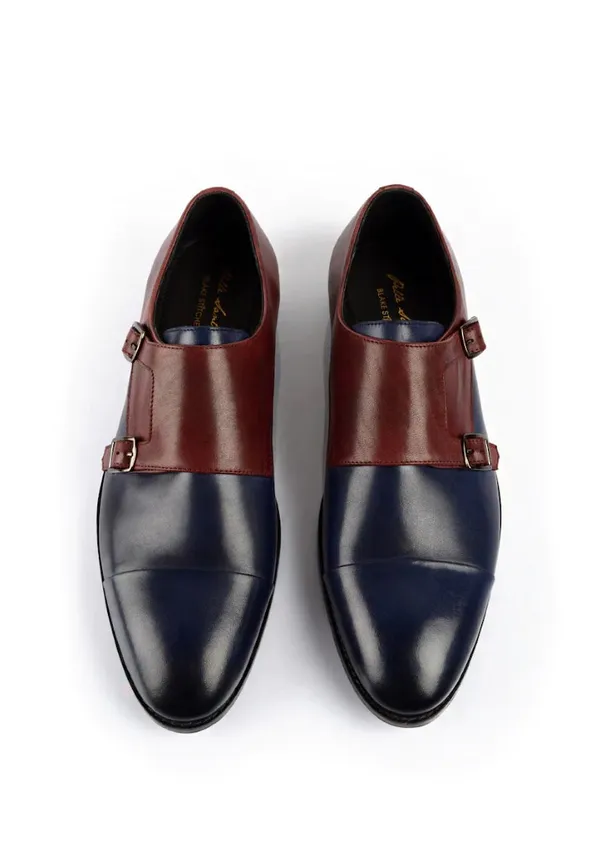 Stylish_Double_Buckle_Monk_Shoes_For_Men_In_Blue_&_Tan