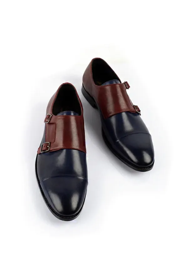 Stylish_Double_Buckle_Monk_Shoes_For_Men_In_Blue_&_Tan