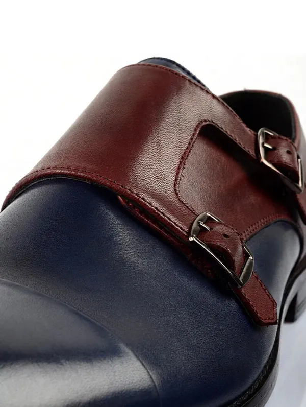 Stylish_Double_Buckle_Monk_Shoes_For_Men_In_Blue_&_Tan