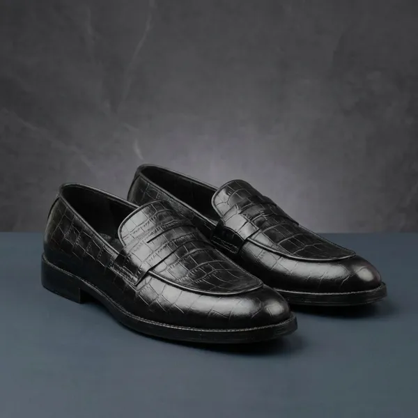 Black_Textured_Croc_Pattern_Penny_Shoes_For_Men