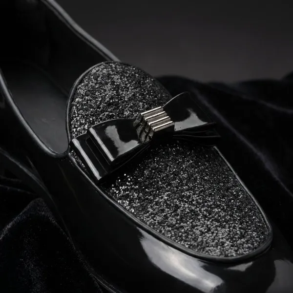 Black_Patent_Glitter_Bow_Formal_Slip_On_Shoes_For_Women