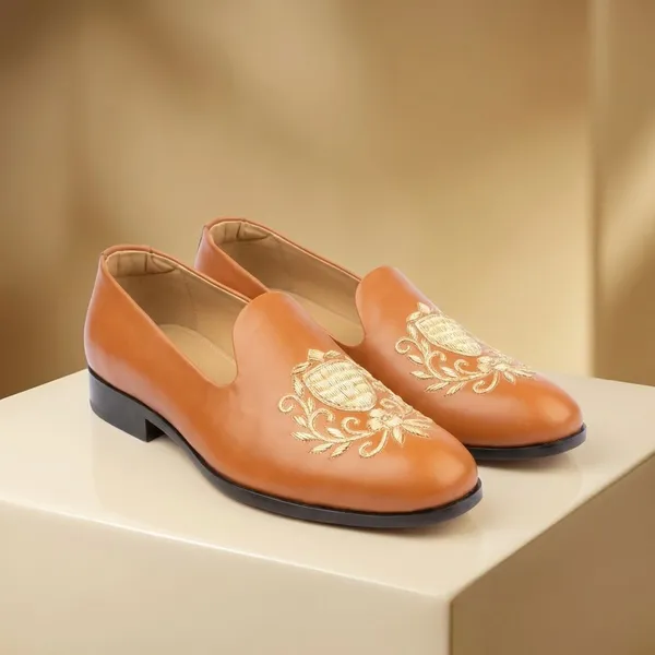 Brown_Leather_Embroidered_Slip_On_Shoes_For_Men