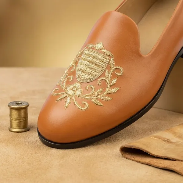 Brown_Leather_Embroidered_Slip_On_Shoes_For_Men