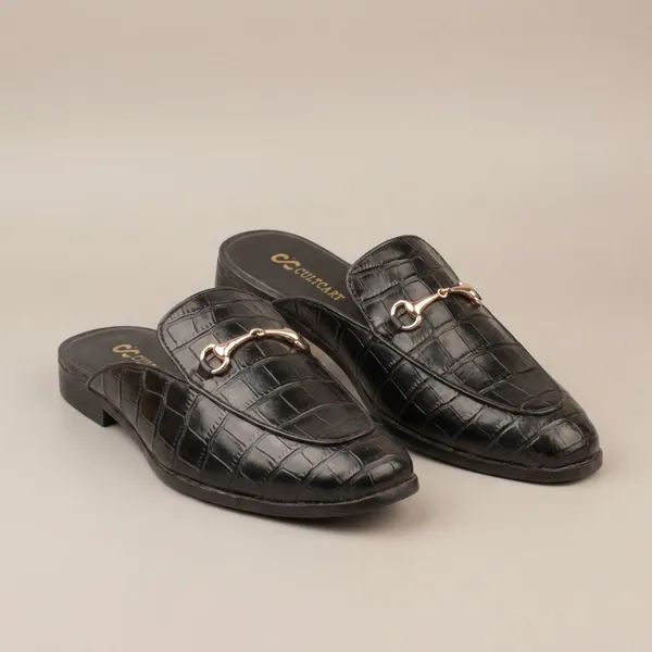 Black_Croc_Textured_Mule_With_Gold_Hardware_Shoes_For_Men
