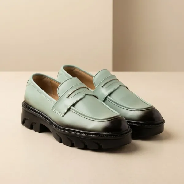 Light_Green_Mint_Leather_Penny_Loafers_With_Chunky_Sole_Shoes_For_Men