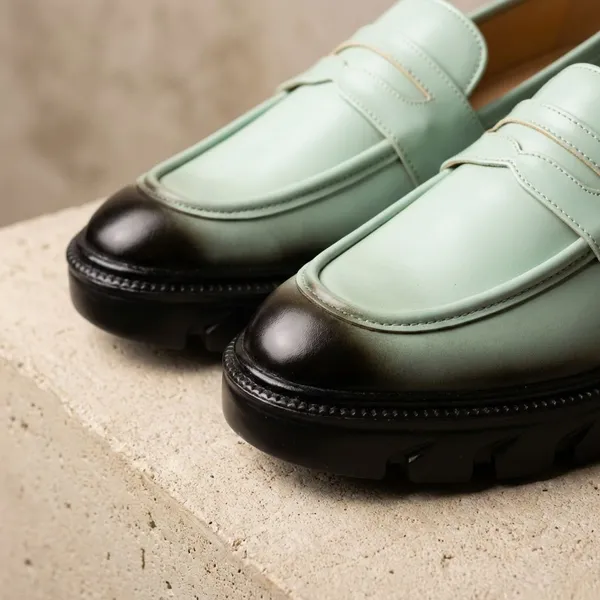 Light_Green_Mint_Leather_Penny_Loafers_With_Chunky_Sole_Shoes_For_Men