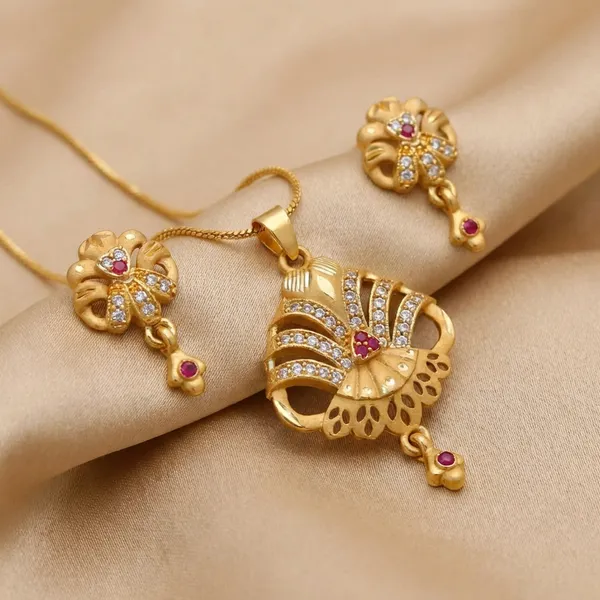 Golden_Floral_Pendant_Necklace_Set_With_Matching_Earrings
