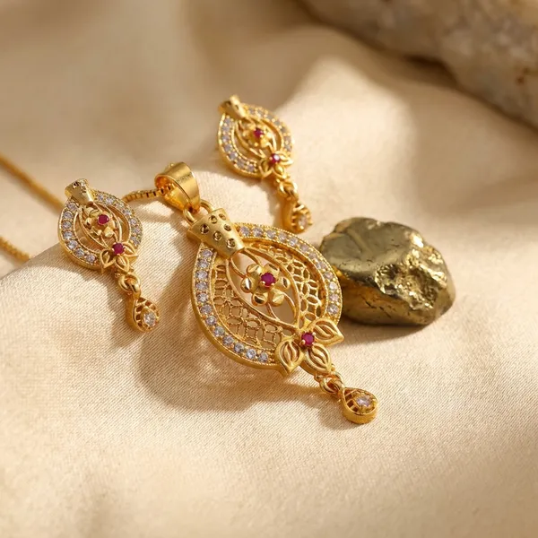 Gold_Toned_Floral_Meenakari_Pendant_Necklace_Set_With_Matching_Earrings