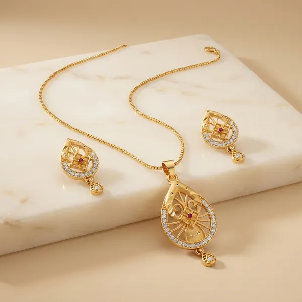Golden_Teardrop_Pendant_Necklace_With_Matching_Earrings_Set