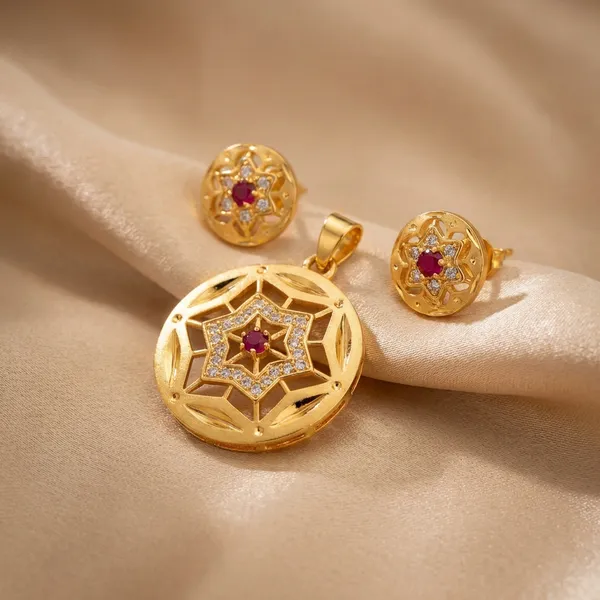 Gold_Toned_Ethnic_Pendant_Necklace_Set_With_Matching_Earrings
