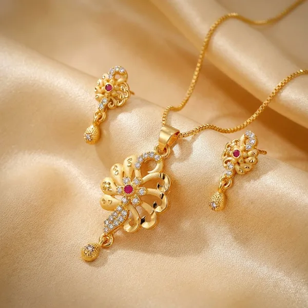 Gold_Plated_Floral_Pendant_Necklace_Set_With_Pink_Stones