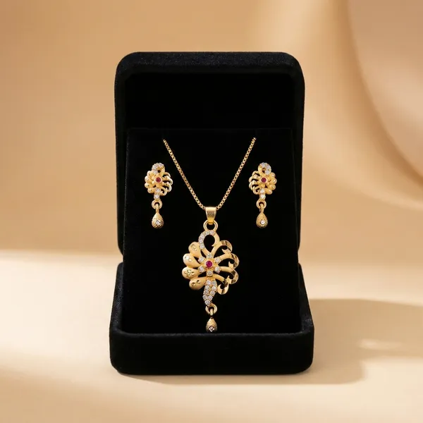 Gold_Plated_Floral_Pendant_Necklace_Set_With_Pink_Stones