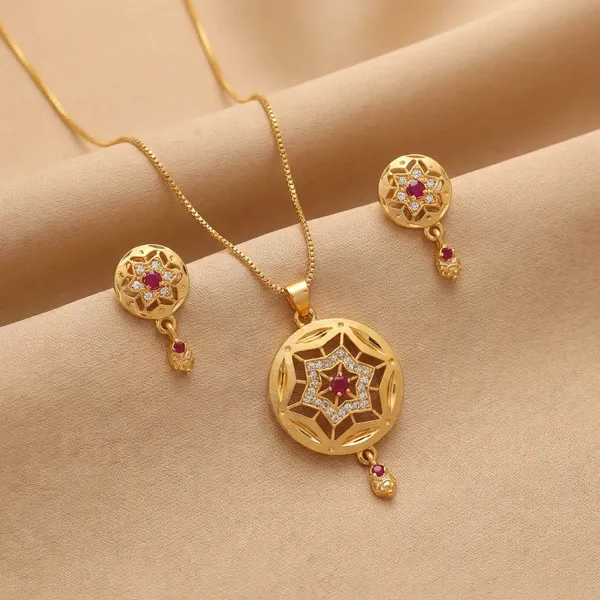 Gold_Toned_Pendant_Necklace_Set_With_Matching_Earrings_Star_Floral_Design_With_Pink_Accents