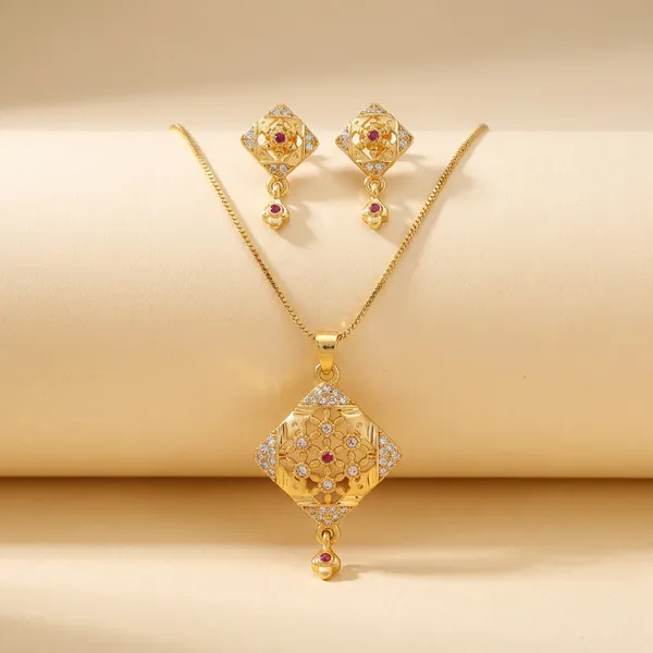 Gold_Plated_Diamond_Pendant_Necklace_Set_With_Matching_Earrings