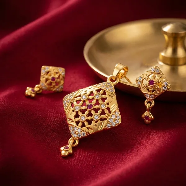 Gold_Plated_Diamond_Pendant_Necklace_Set_With_Matching_Earrings