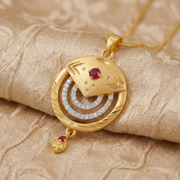Elegant_Gold_Toned_Necklace_Set_With_Ruby_Stones_And_Circular_Pendant_Design