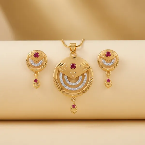 Elegant_Gold_Toned_Necklace_Set_With_Ruby_Stones_And_Circular_Pendant_Design