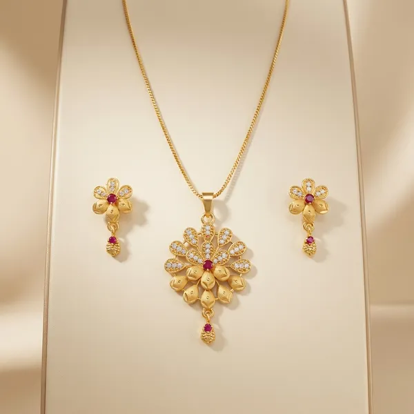 Golden_Floral_Pendant_Necklace_Set_With_Matching_Earrings