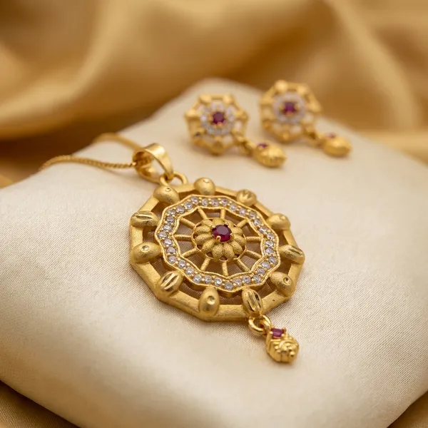 Gold_Plated_Ruby_Stone_Pendant_Necklace_Set_With_Earrings