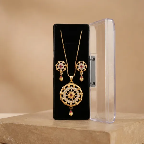 Gold_Plated_Ruby_Stone_Pendant_Necklace_Set_With_Earrings