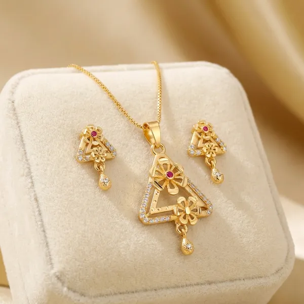 Gold_Toned_Triangular_Pendant_Necklace_And_Earrings_Set_With_Pink_Stone_Accents