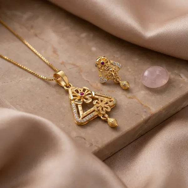 Gold_Toned_Triangular_Pendant_Necklace_And_Earrings_Set_With_Pink_Stone_Accents