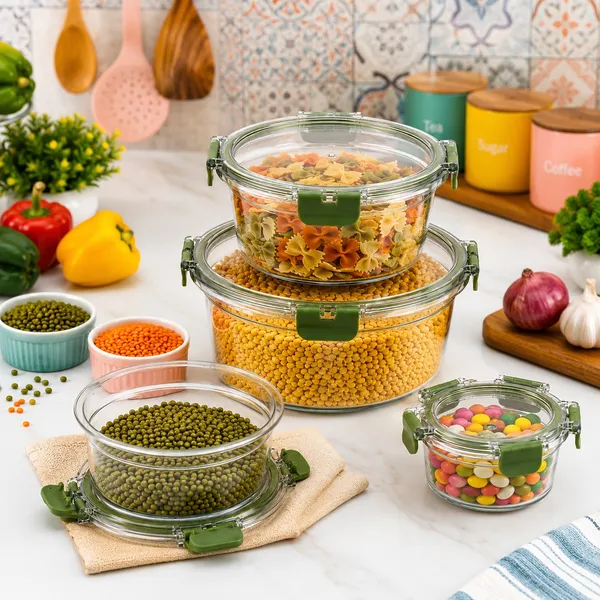 Dimazofly_Plastic_Food_Storage_Containers_Set_of_4_–_Airtight_&_Leakproof_Round_Kitchen_Storage_Bowls_with_Clip_Locking_Lids,_Olive_Green_Silicone_Ring_|_Microwave,_Oven_&_Freezer_Safe