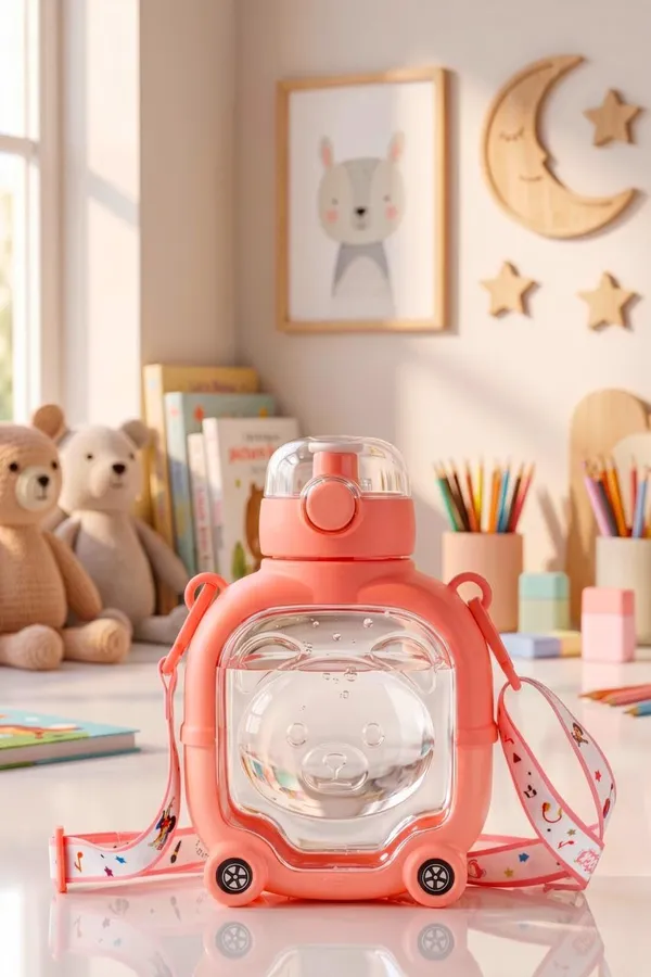Dimazofly_Portable_Cute_Bear_Shaped_Sipper_Bottle_for_Kids_with_Straw,_Push-Button_Lock_&_Carrying_Strap_|_BPA-Free_Plastic_Water_Jug(_Pack_Of_1,_Multicolor)