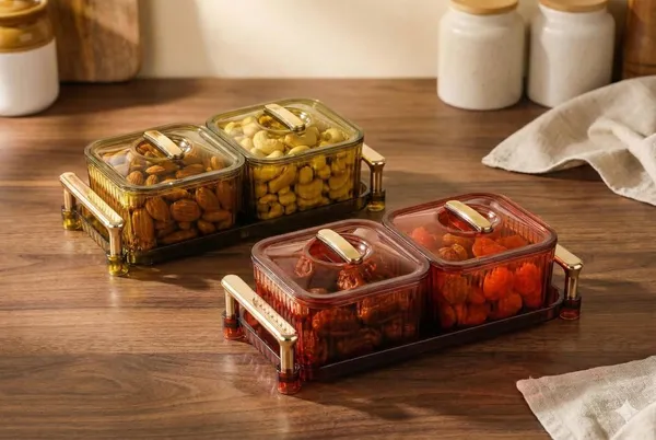 2_Pcs_Multicolor_Dry_Fruit_Serving_Set_With_Tray_And_Lids_Airtight_Container_Box