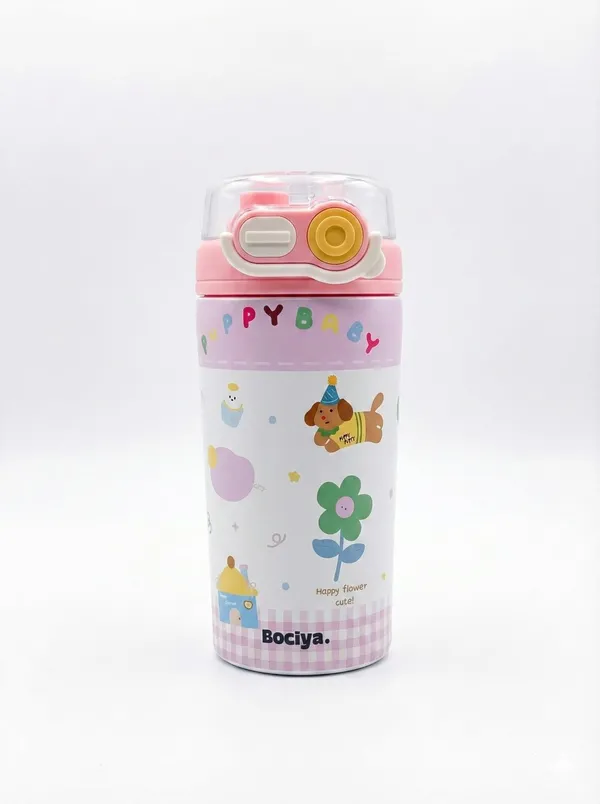 Multicolor_Kids_Water_Bottle_With_Straw_Insulated_Stainless_Steel_Thermos_For_School_And_Travel_Leak_Proof_Flip_Top_Sipper_Bottle_For_Girls_Cute_Puppy_And_Flower_Desig_[500Ml]